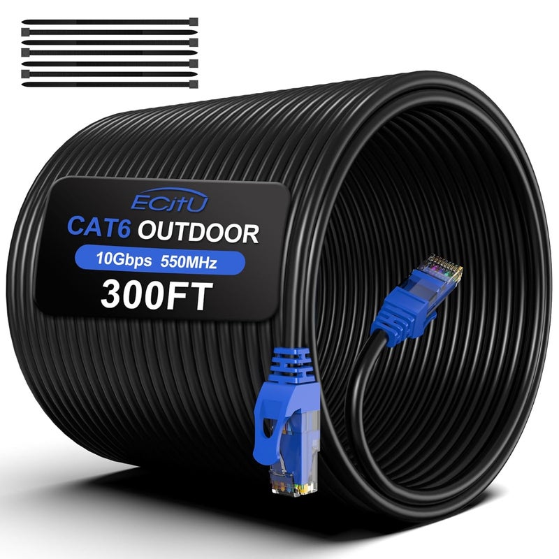 ecjtu كابل إيثرنت خارجي Cat6 بطول 300 قدم، مدفون في الأرض، ثقيل الوزن، كابل توصيل 24AWG CCA، POE، UTP، مقاوم للماء، LLDPE مقاوم للأشعة فوق البنفسجية، شبكة، إنترنت، LAN، كابل Cat 6 بطول 300 قدم مع 25 رباط كابل - Image 1